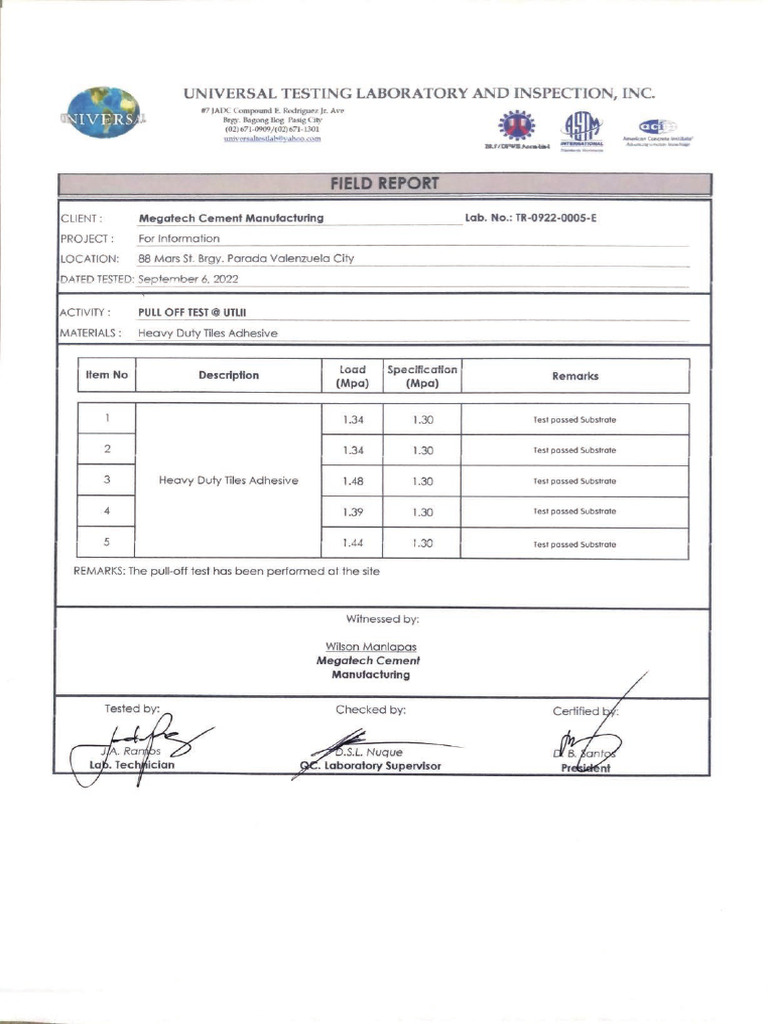 Megatech Tile Adhesive Test Report PDF