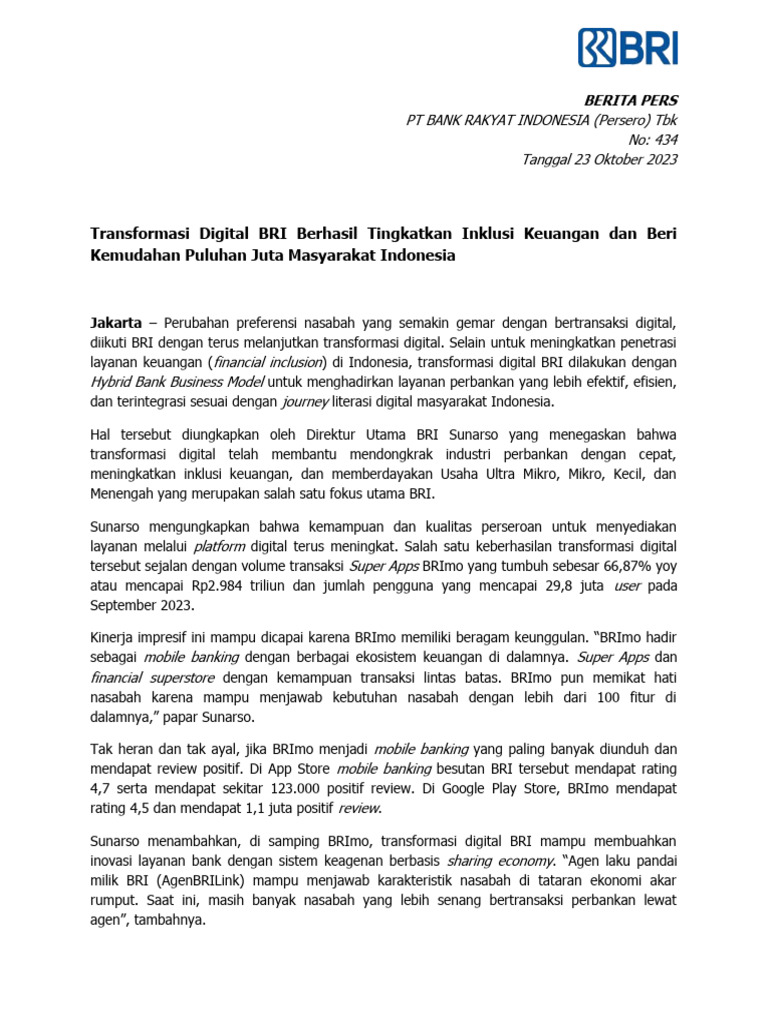 Transformasi Digital BRI Berhasil Tingkatkan Inklusi Keuangan Dan Beri ...