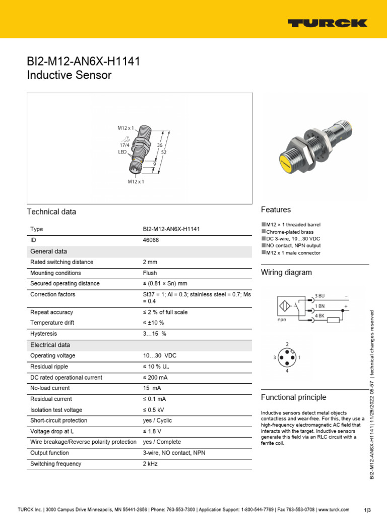 Inductive Sensor BI2-M12-AN6X-H1141 | PDF | Electrical Connector ...