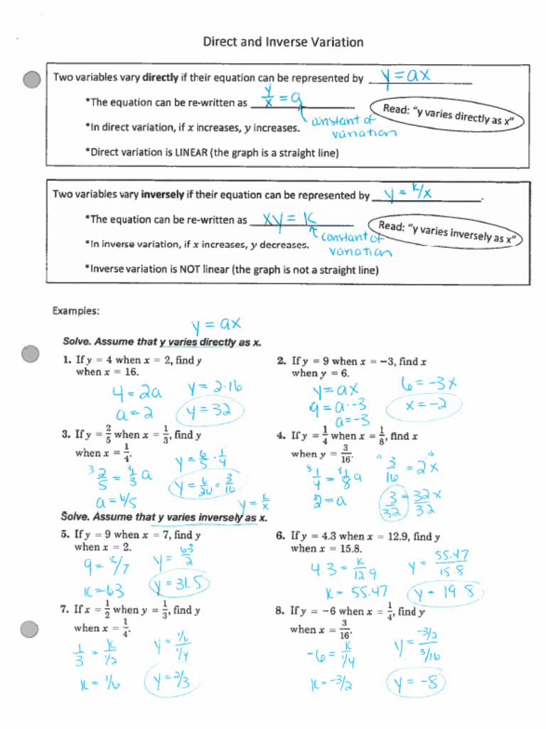 Direct And Inverse Packet Answer Key Pdf