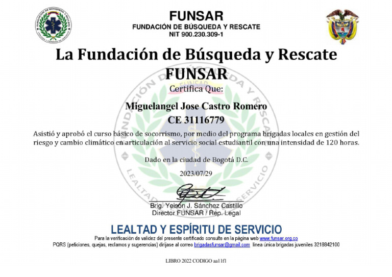 Certificado Funsar 31116779 | PDF