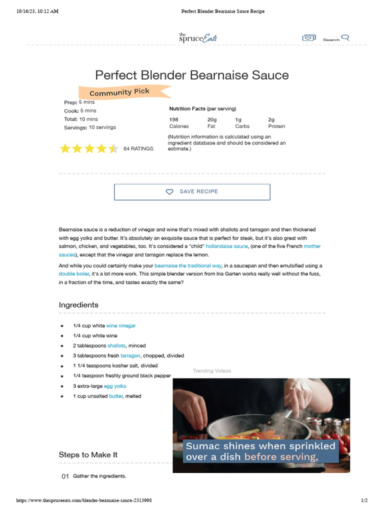Perfect Blender Bearnaise Sauce Recipe PDF Food Ingredients