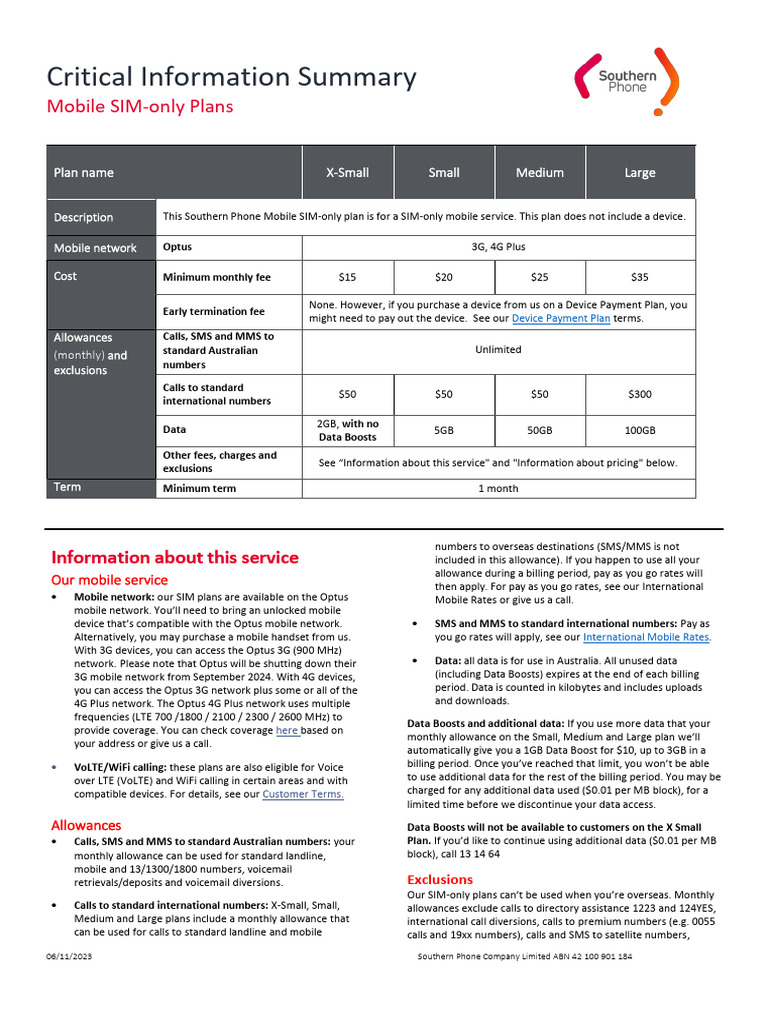Southern Phone Critical Information Summary | PDF | 4 G | Mobile Phones
