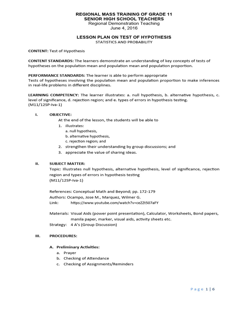 Hypothesis Testing Lesson Plan | PDF | Statistical Hypothesis Testing ...