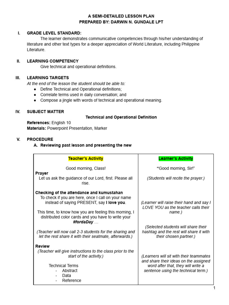 Lesson Plan on Definitions and Child Abuse | PDF | Definition | Child Abuse