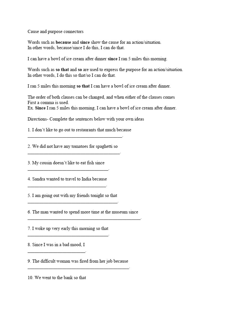 Cause and Purpose Connectors Worksheet PDF