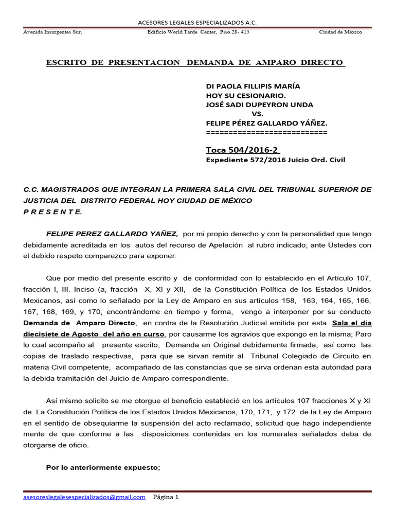 Demanda de Amparo Directo Civil | PDF | Caso de ley | Estatuto de ...