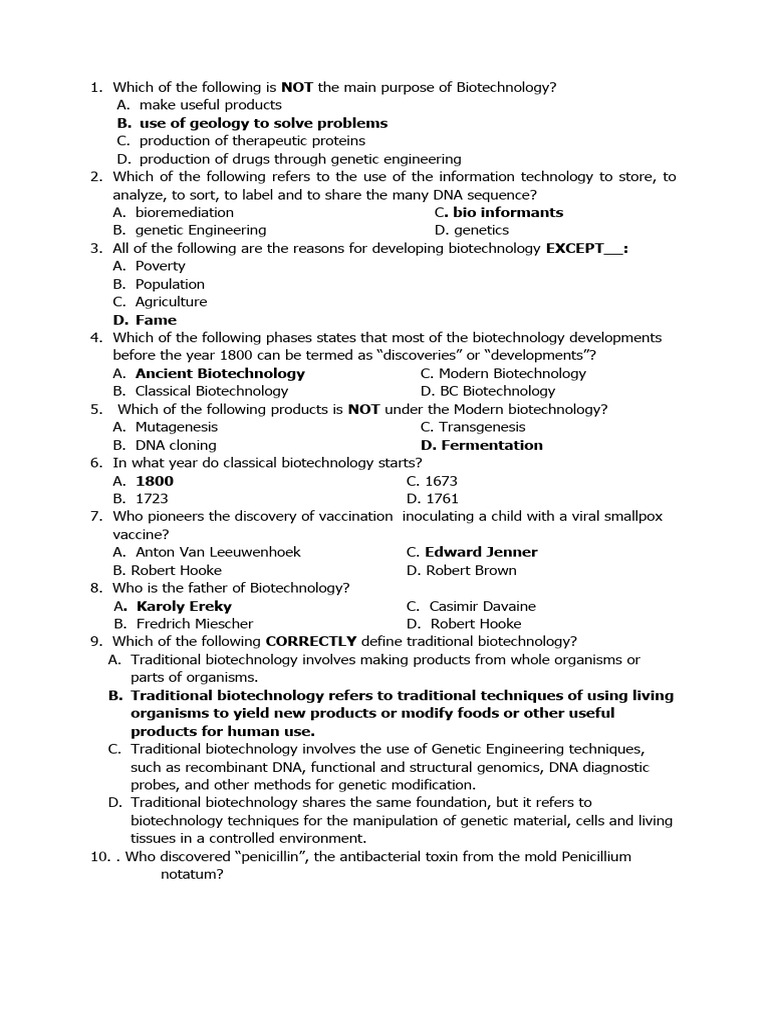 Biotech Quiz PDF Biotechnology Engineering