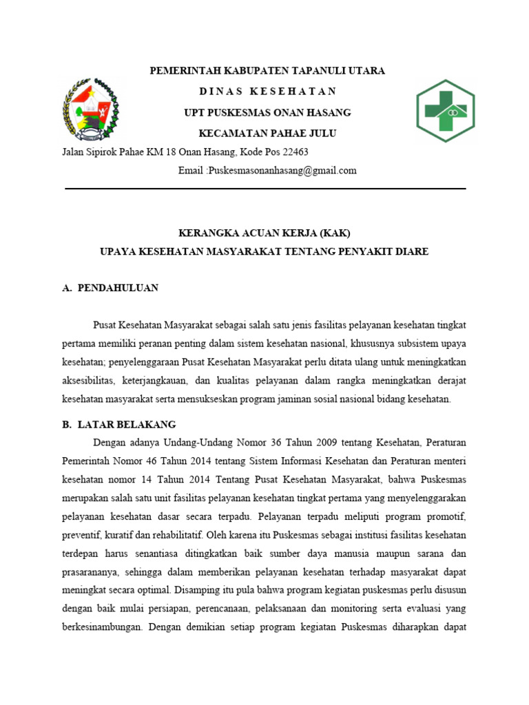KAK Program Penanganan Diare Puskesmas | PDF