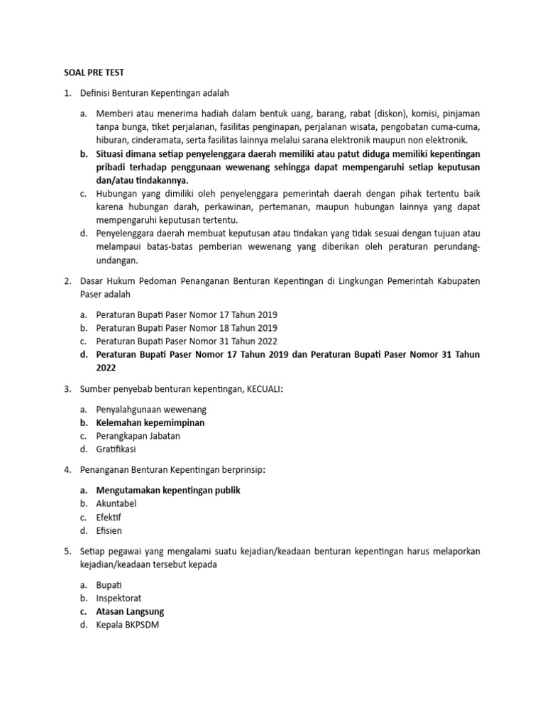 Soal Pre Test Benturan Kepentingan | PDF | Ilmu Sosial