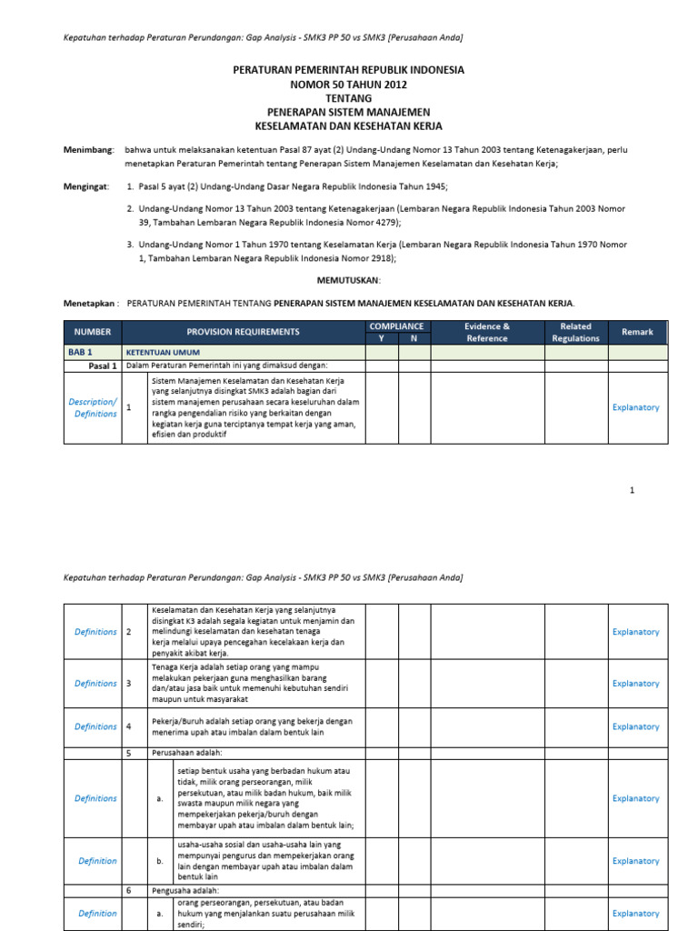 Gap Analysis SMK3 Terhadap SMK3 (Perusahaan Anda) | PDF