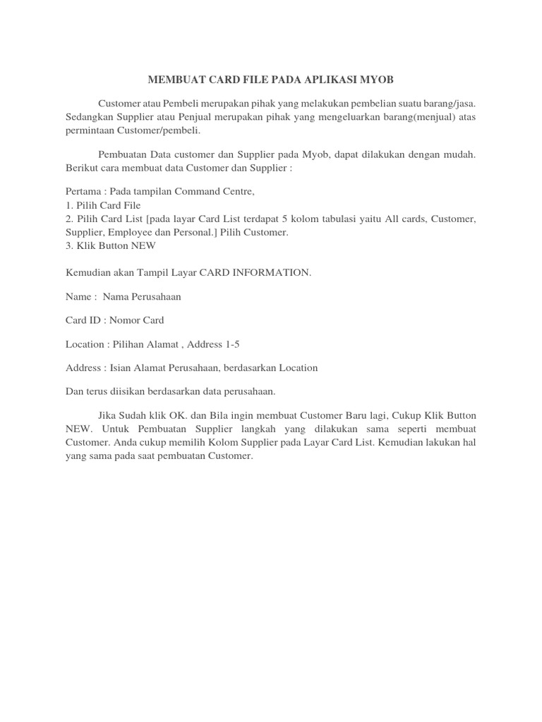 Membuat Card File Pada Aplikasi Myob PDF