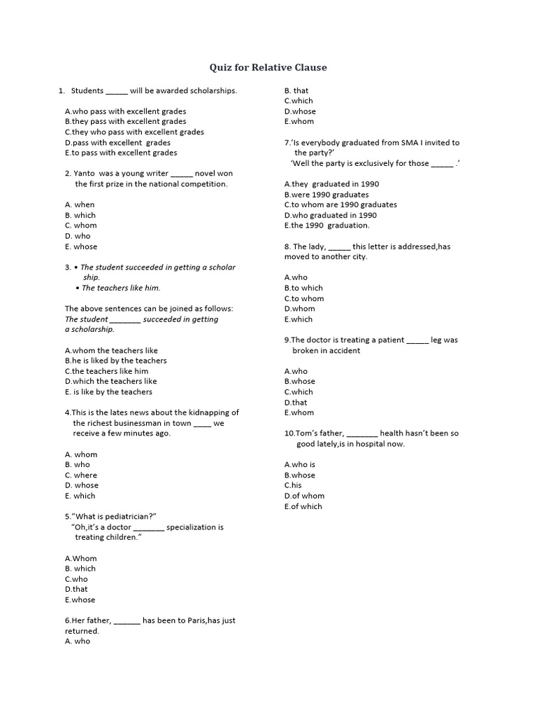 Quiz on Relative Clauses | PDF | Health Care | Medicine