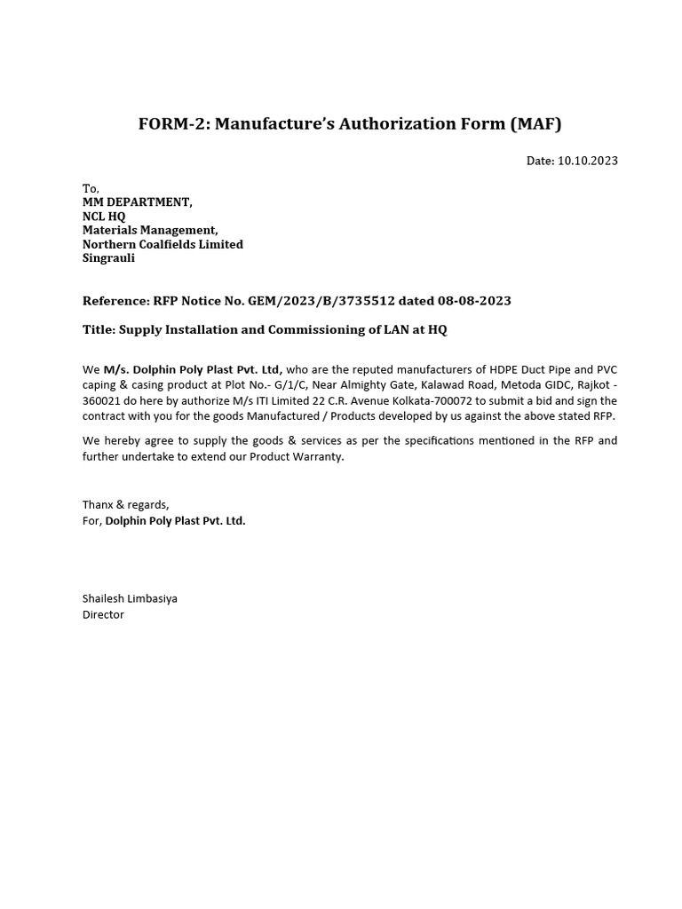 Manufacturer's Bid Authorization | PDF