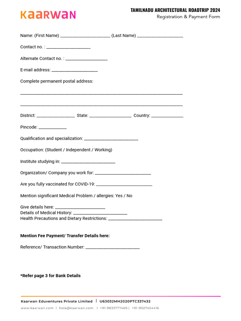 PreLaunch Tamilnadu Road Trip 2024 Registration Form PDF Insurance