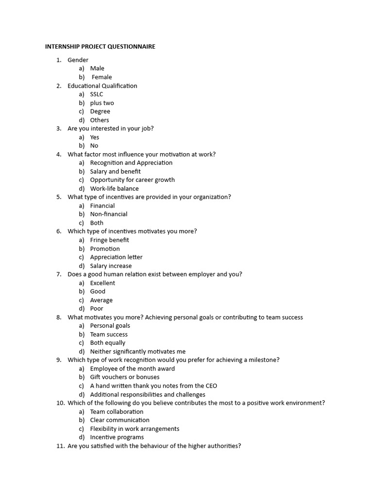 Internship Project Feedback Questionnaire | PDF | Incentive | Psychology