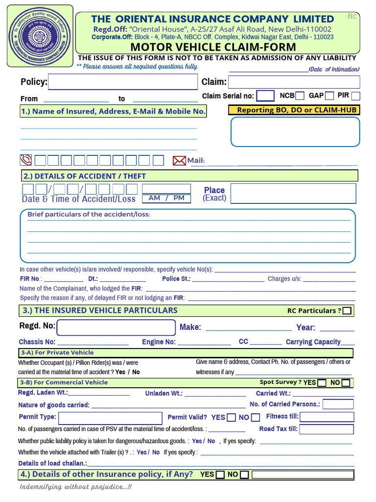 Motor claim form the oriental insurance co ltd download free pdf