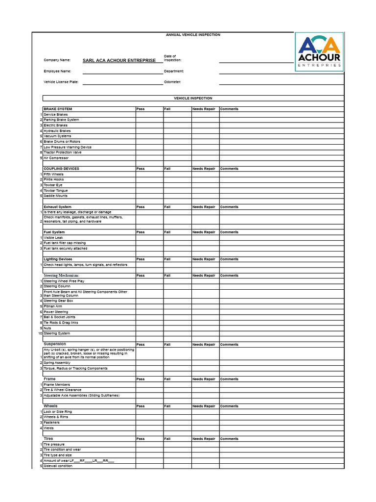 Annual Vehicle Checklist PDF Steering Brake