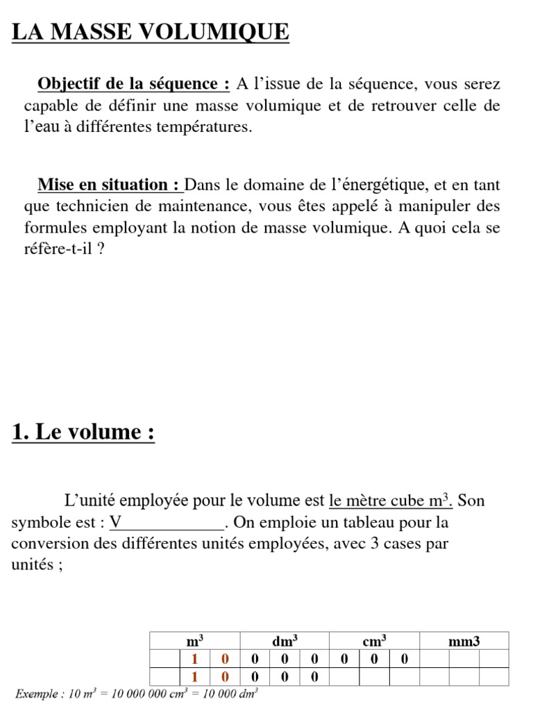 Tableau de Masse Volumique en kg/m3 PDF Kilogramme Densité — free download