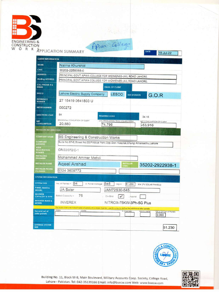 12 - PC Apwa Lahore 51.230kw - Compressed | PDF