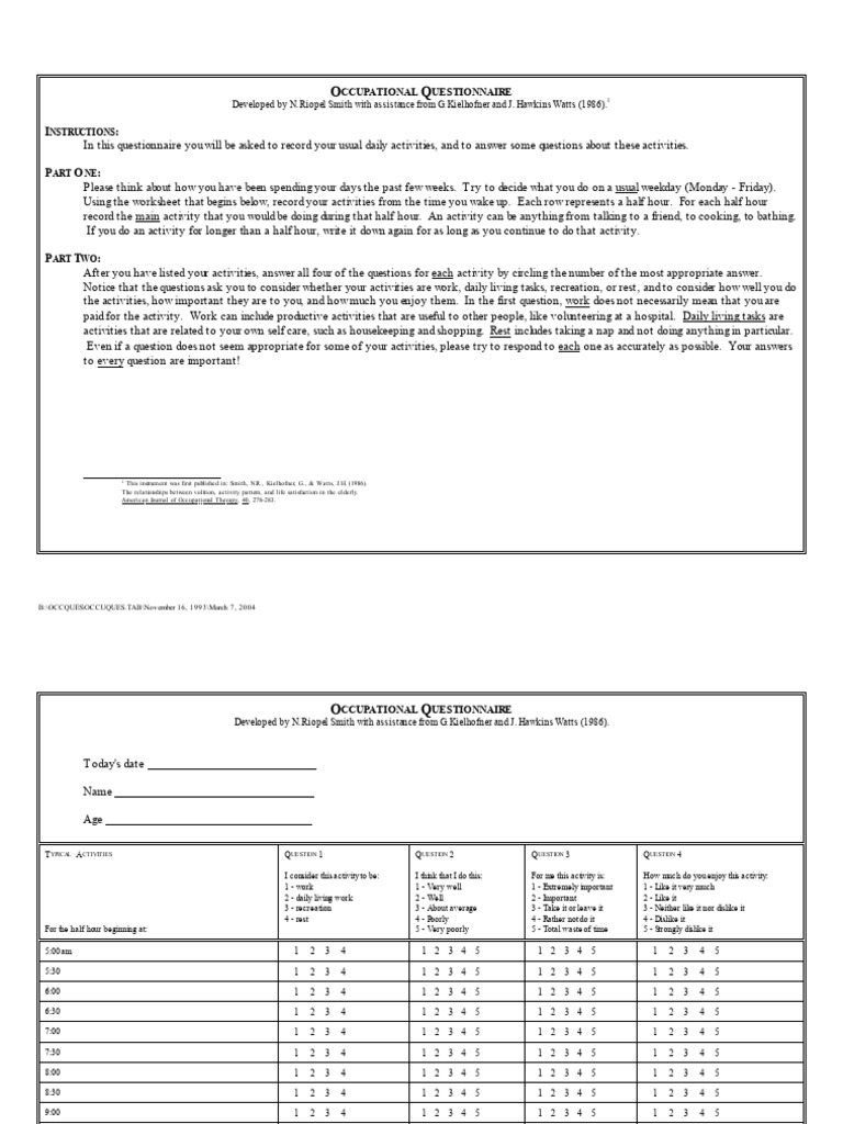 Occupational Questionnaire PDF Workweek And Weekend Occupational