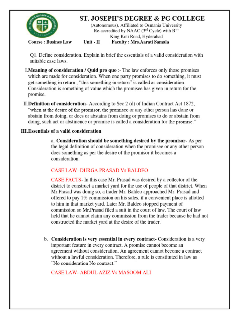 Essentials of Valid Consideration in Contracts | PDF | Consideration ...