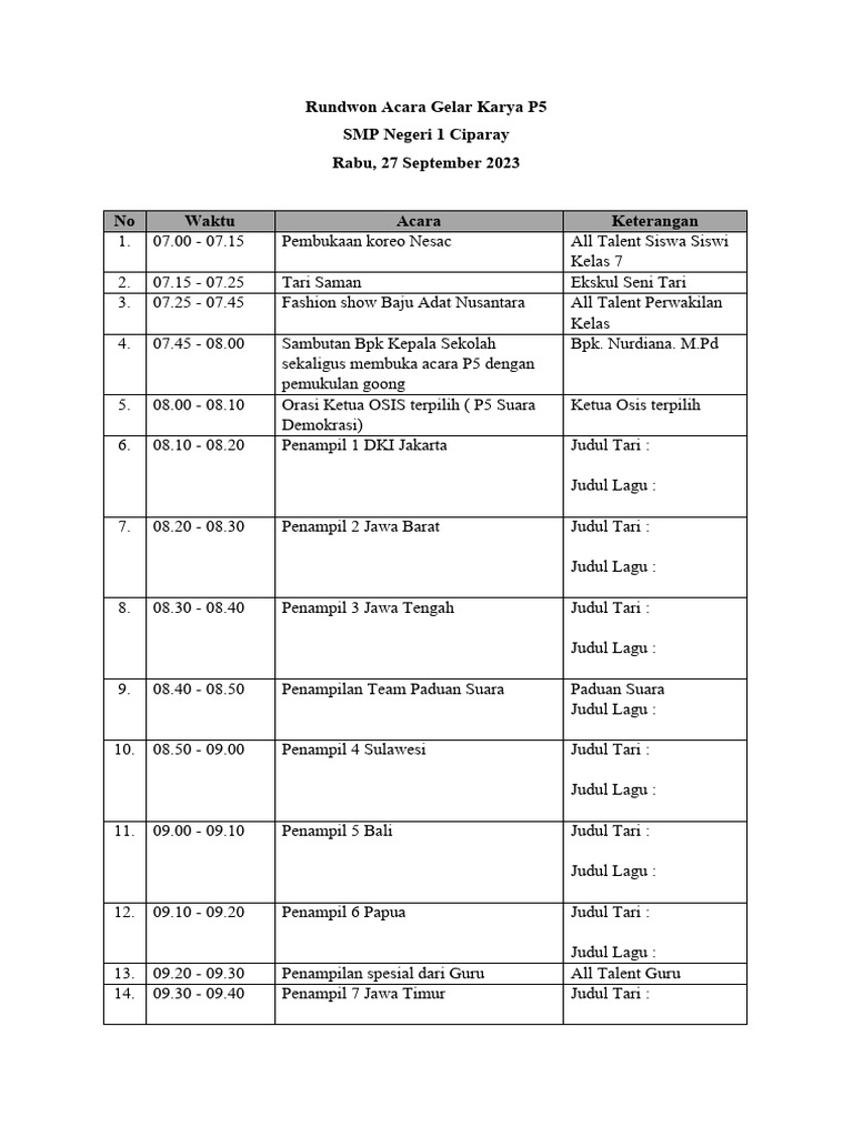 Rundown Acara Gelar Karya P5 SMPN 1 | PDF