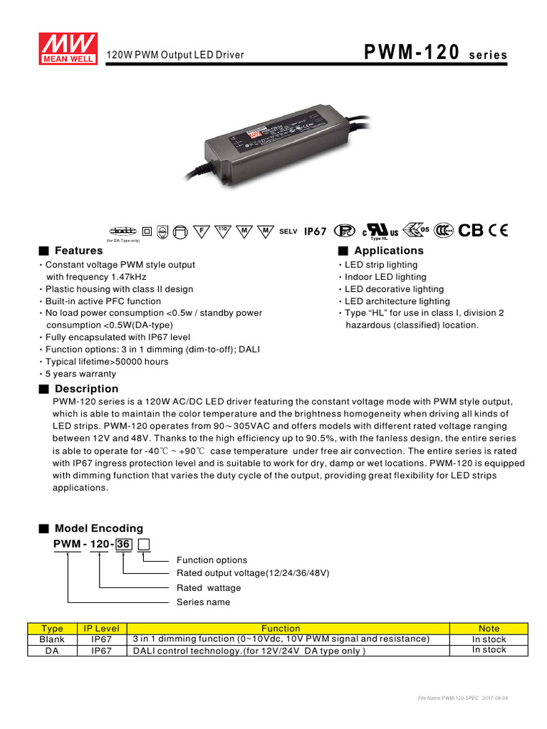 PWM-120-12 Tehnicka Specifikacija 37898 | PDF | Light Emitting Diode ...