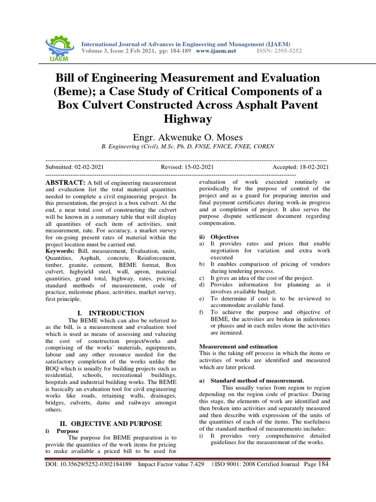 BEME: Evaluating Box Culvert Costs | PDF | Concrete | Measurement