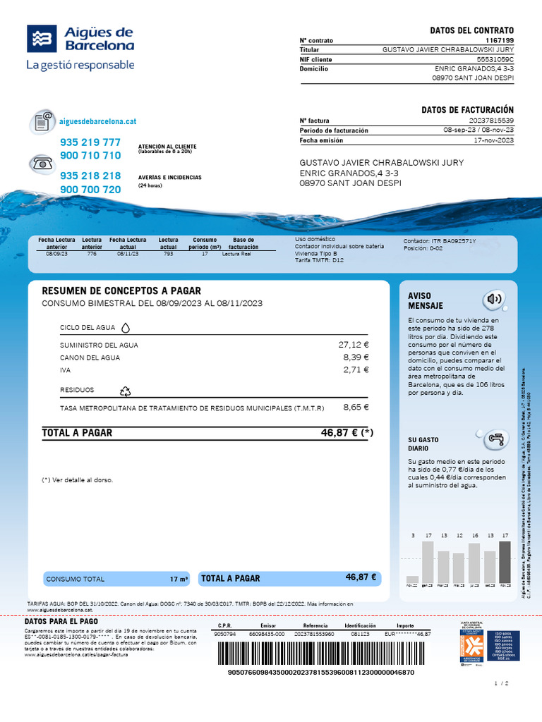 Factura de Agua TMTR Barcelona | PDF