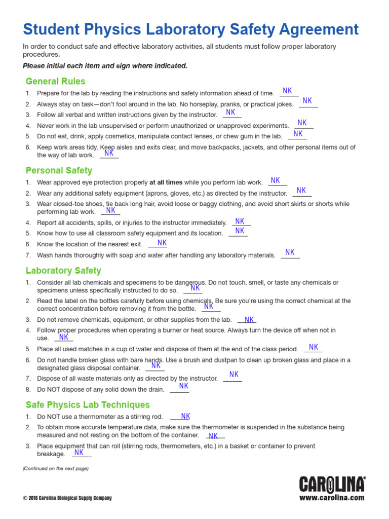 Student Physics Lab Safety Agreement PDF Laboratories Thermometer