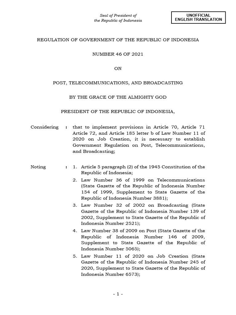 Regulation of government of the republic of indonesia number 46 of 2021