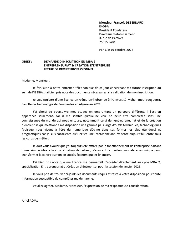 Lettre de Projet Professionnel | PDF