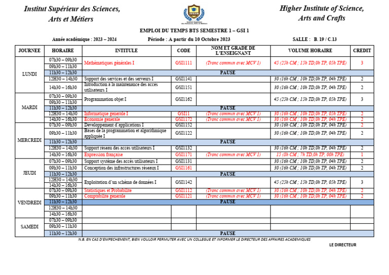 Emploi du temps BTS GSI 1 - 2023-2024 | PDF | Informatique | Informatique