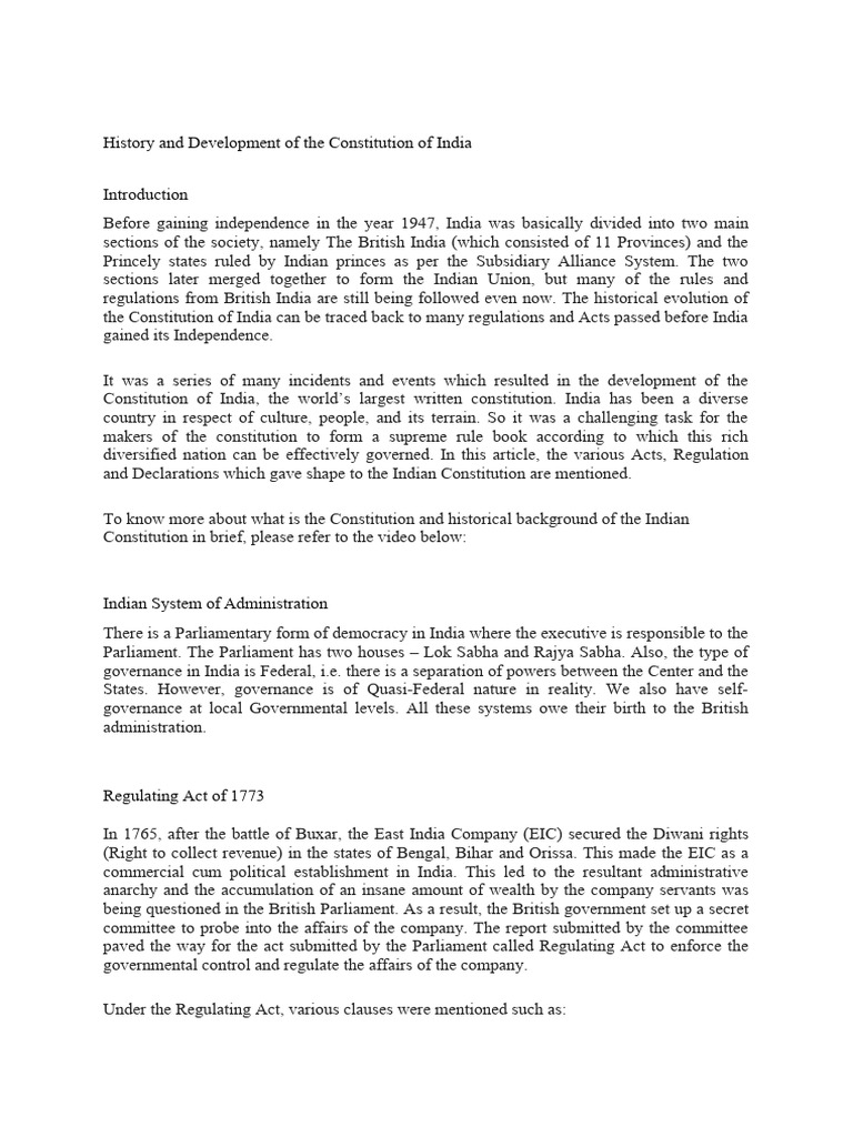 History and Development of The Constitution of India | PDF | British ...