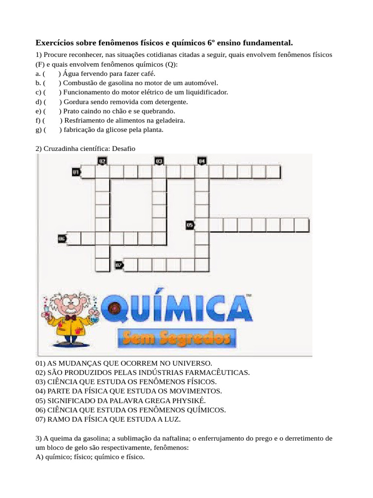Exercícios sobre Fenômenos Físicos e Químicos 6º Ano | PDF | Química ...