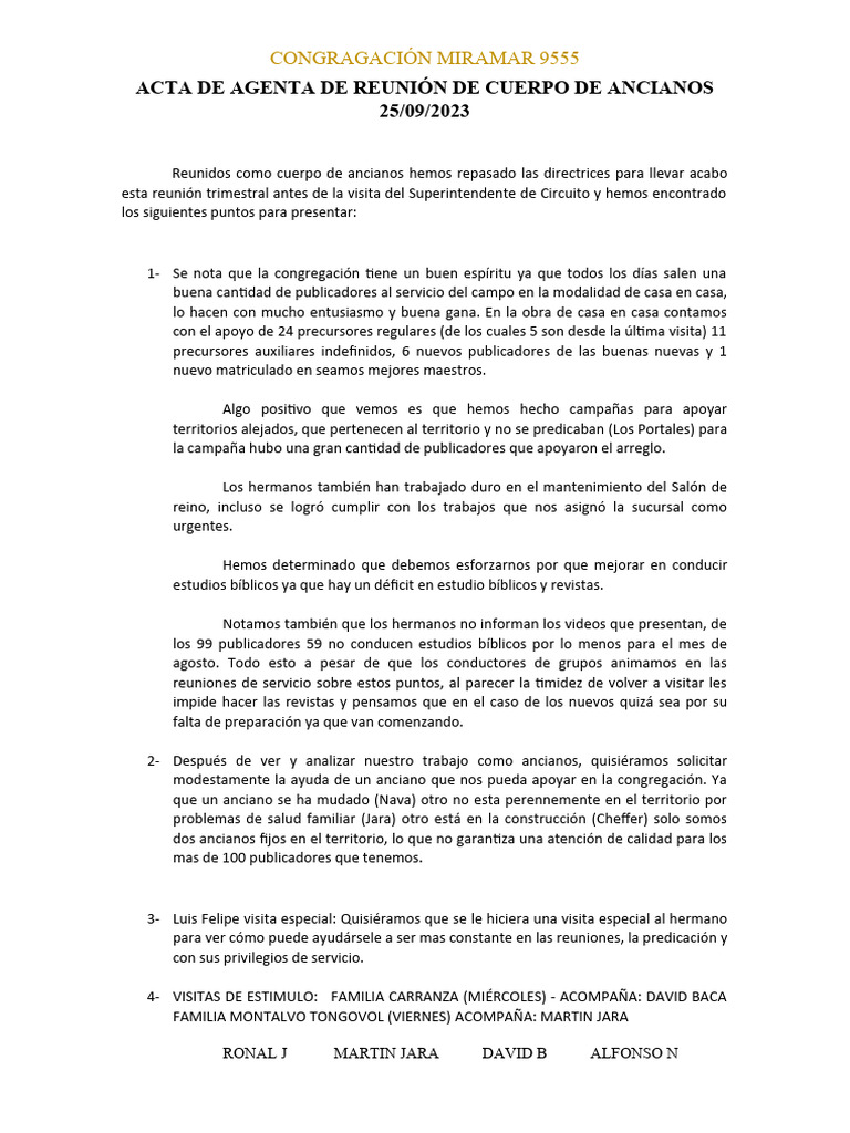 Acta De Agenta De Reuni N De Cuerpo De Ancianos 25 Pdf
