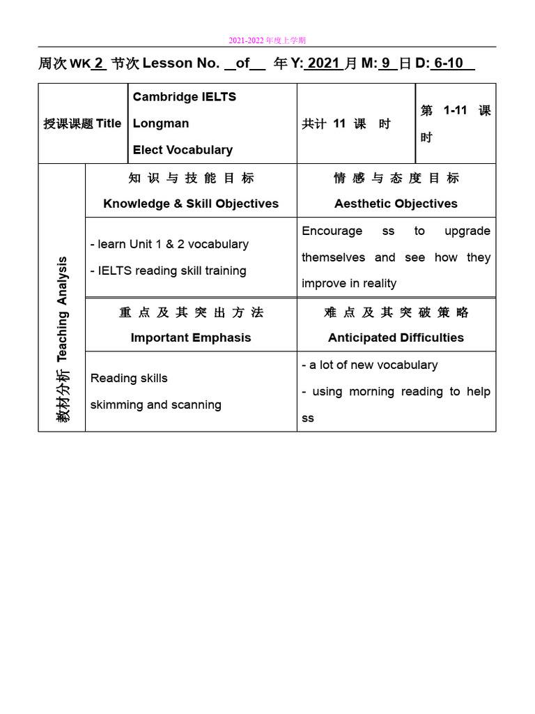 Week2 - Lesson Plan - F4 Reading & Writing | PDF | Vocabulary | Speed ...