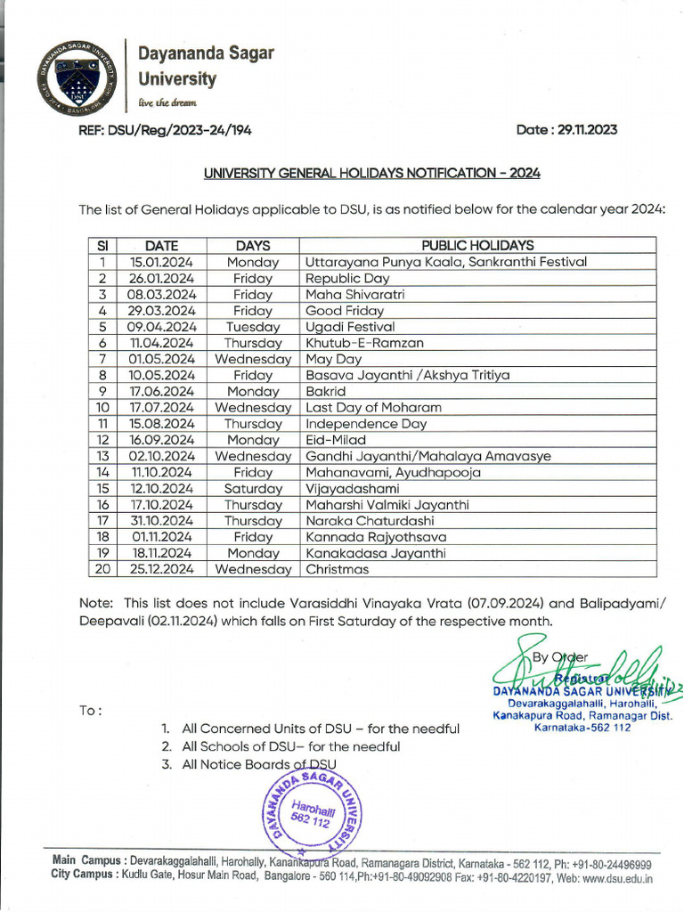 Holidays List DSU 2024 PDF