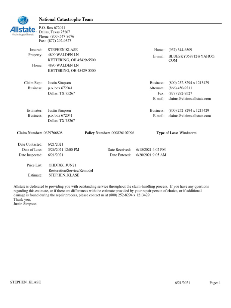 Allstate Roof Claim Estimate Summary | PDF | Depreciation | Insurance