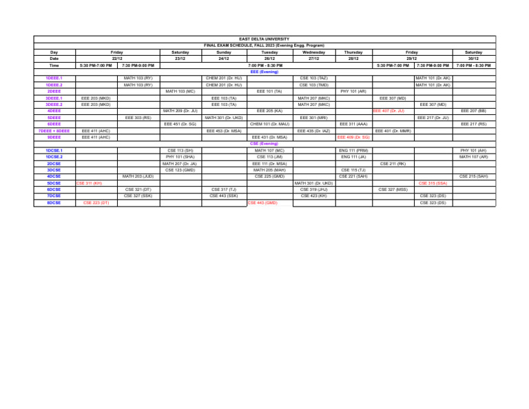 Final Exam ScheduleFall 2023, (Evening Engg.) Sheet PDF