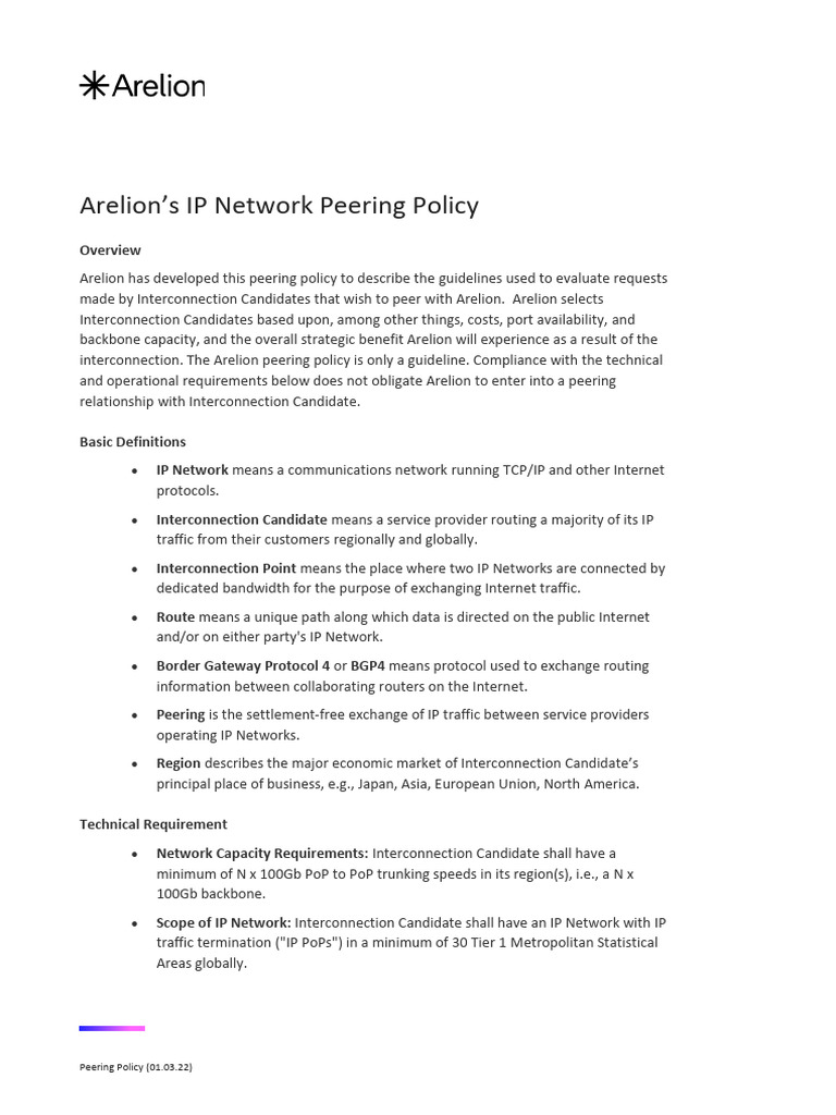 Arelion IP Network Peering Policy | PDF | Computer Network | Internet ...