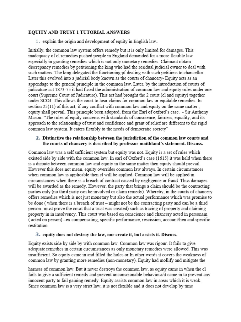 Equity and Trust 1 Week 1 Full Answers | PDF | Equity (Law) | Common Law