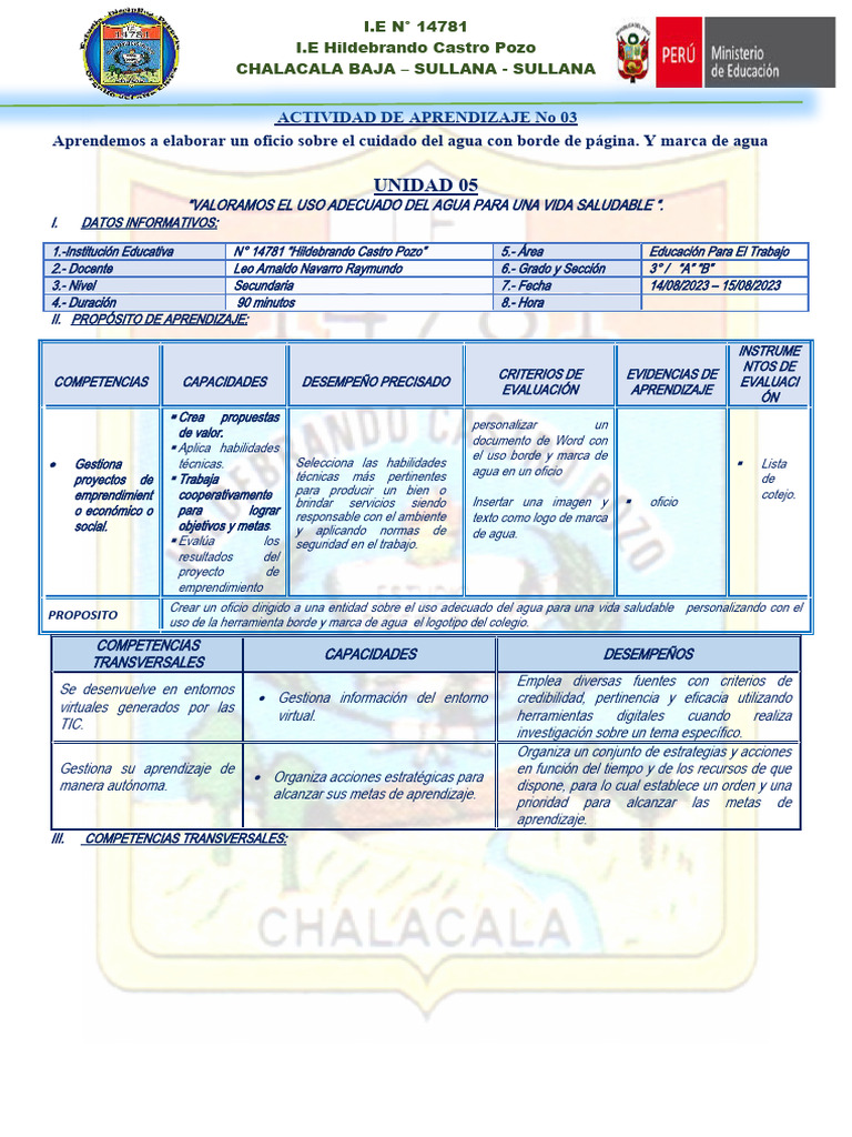 ACTIVIDAD DE APRENDIZAJE No 004 Tercer Grado Sec | PDF | Enseñando ...