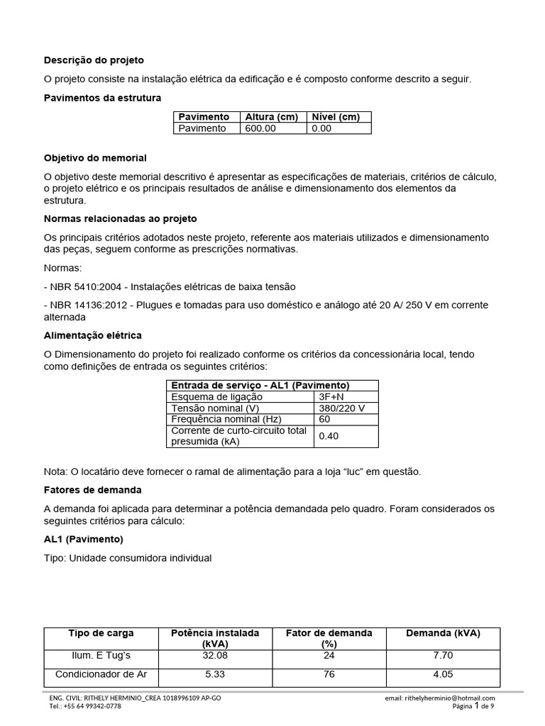 MEMORIAL DESCRITIVO E DE CÁLCULO PROJETO ELÉTRICO | PDF | Fiação ...