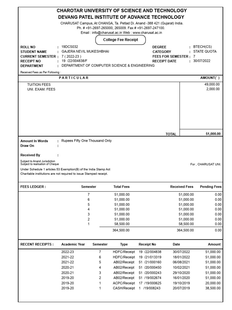 FeesReceipt - 19-22-004838 - College Fees - Semester 7 | PDF