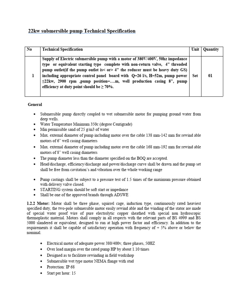 22kW Submersible Pump Specifications | PDF | Electric Motor | Pump