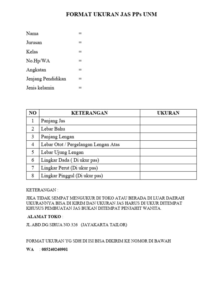 Format Ukuran Jas Pps Unm | PDF | Gaya Hidup
