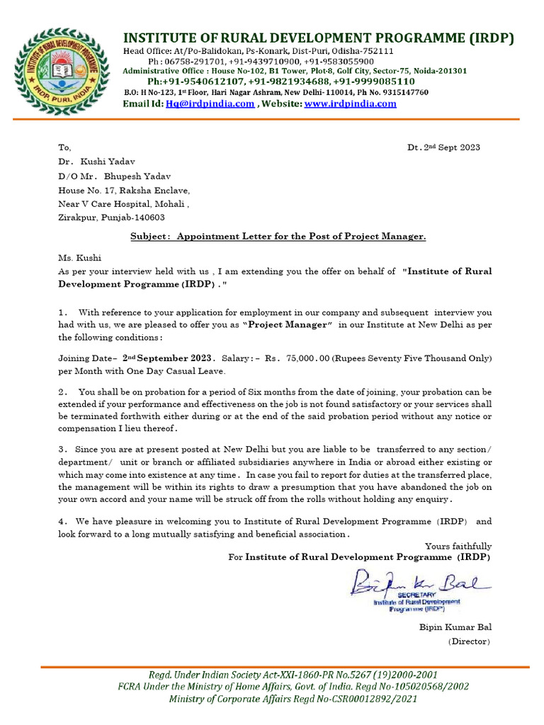 Project Manager Appointment Letter | PDF