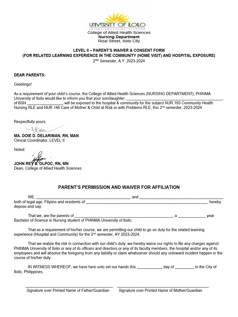 WAIVER PARENTS CONSENT FORM For RLE Exposure PDF